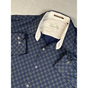 Tasso Elba Button Shirt Large Supima Cotton Multi  Blue Geo AOP‎ Long Sleeve Lux